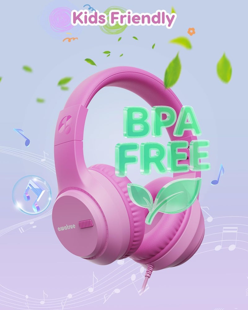 awatrue Kids Headphones, 74/85/94dB Volume Limiter, Foldable Wired Over Ear Headphones for Travel, 3.5mm Jack, Toddler Headphones for School, Chromebook, iPad, Tablet, Pink - Image 4